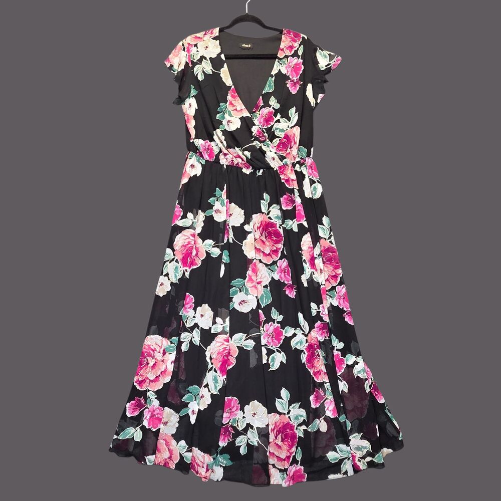 Alexa B Dress Womens Large Black Floral Wrap Maxi Chiffon Ruffle No Belt
